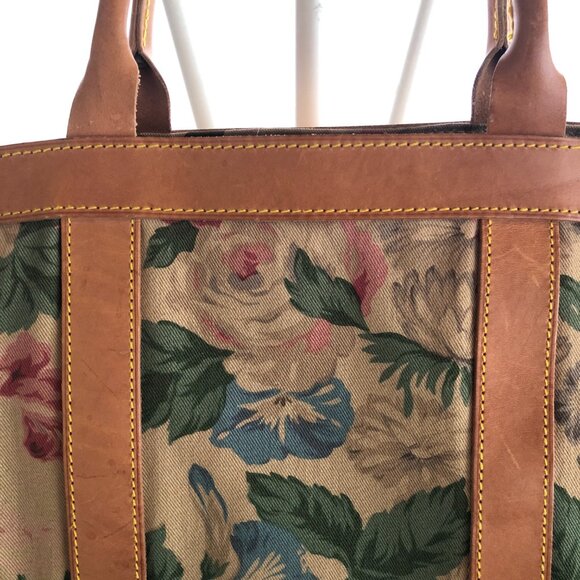 VINTAGE RALPH LAUREN TOTE OVERNIGHT BAG FLORAL LEATHER CANVAS - Picture 6 of 11
